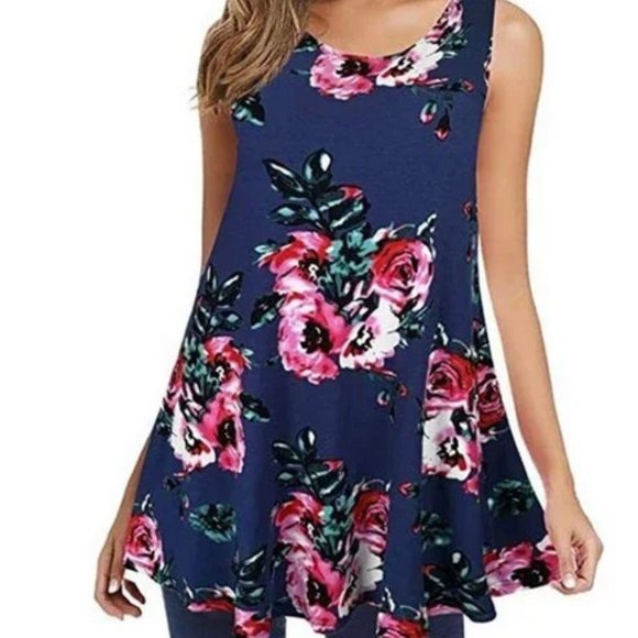 Dark Blue & Floral Print Sleeveless V Neck Tunic Top - Picture 1 of 12